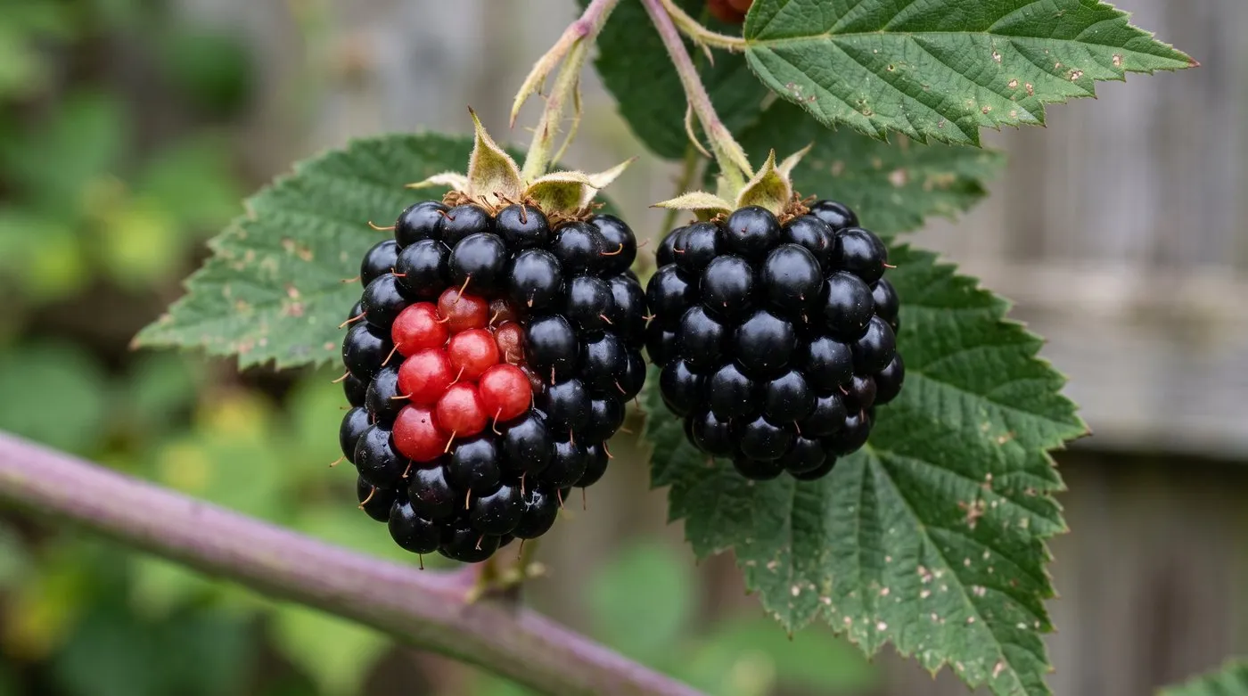 Blackberry with patches of hard red drupelets caused by gall mite next to an evenly ripe black berry