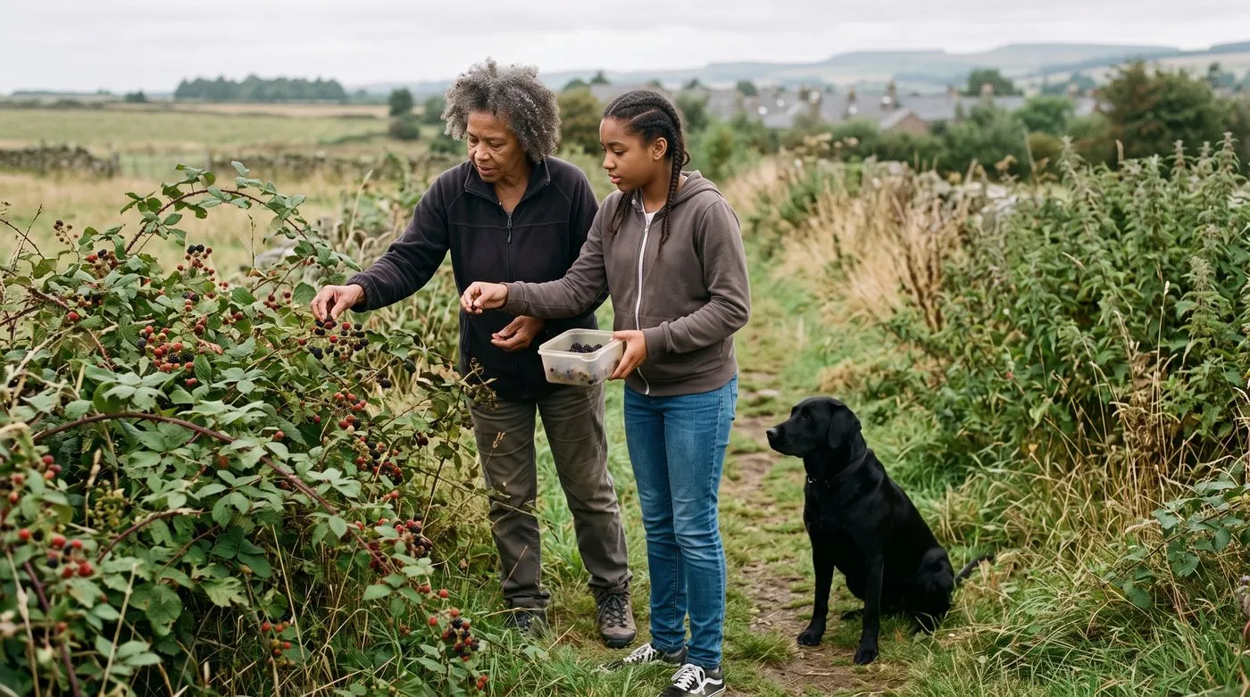 Grandmother and granddaughter picking wild blackberries from a field hedgerow with a labrador nearby