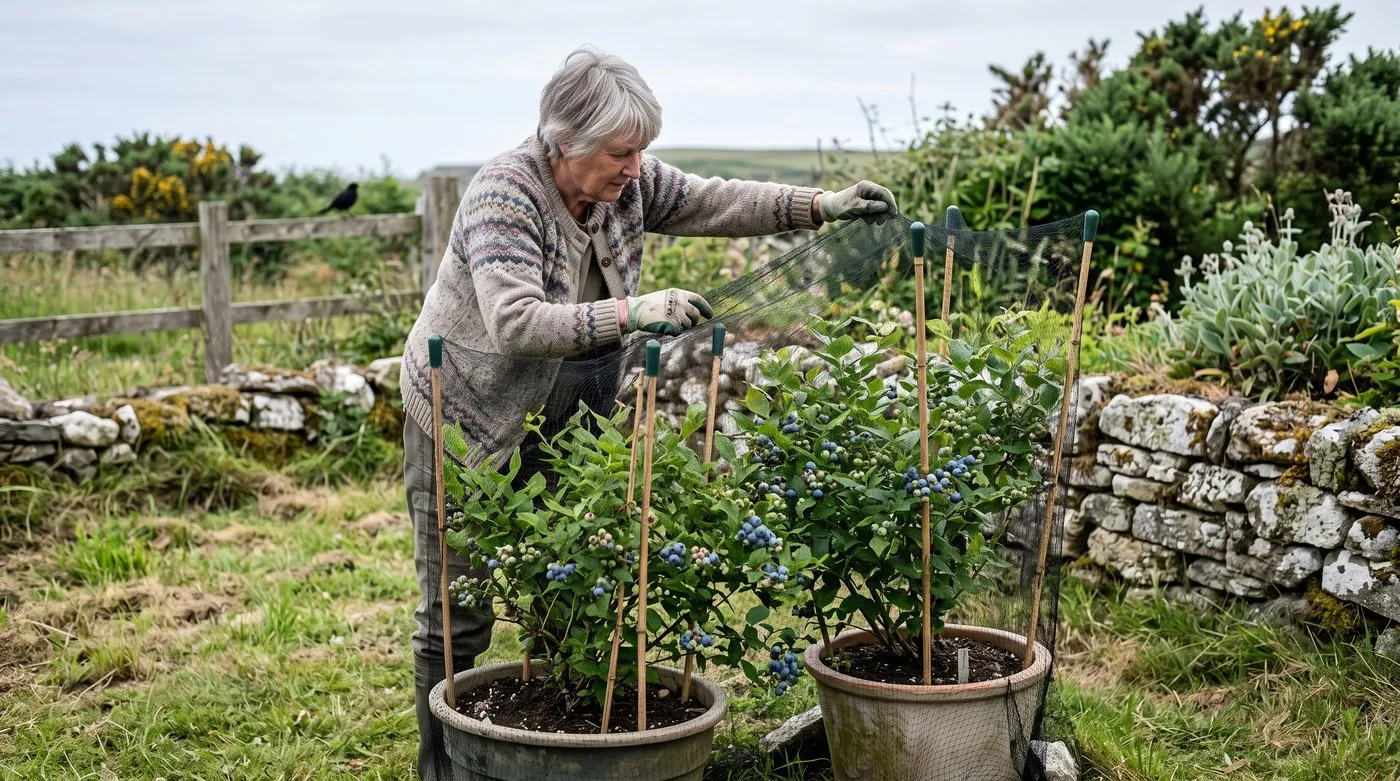 Older woman pulling netting over a cane frame around potted blueberry bushes with ripening berries