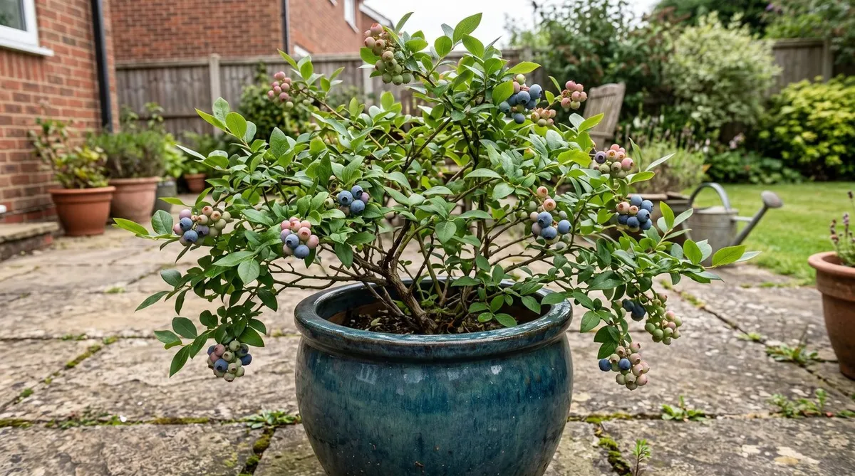 Ripe blueberries on a bush growing in a pot in a UK garden