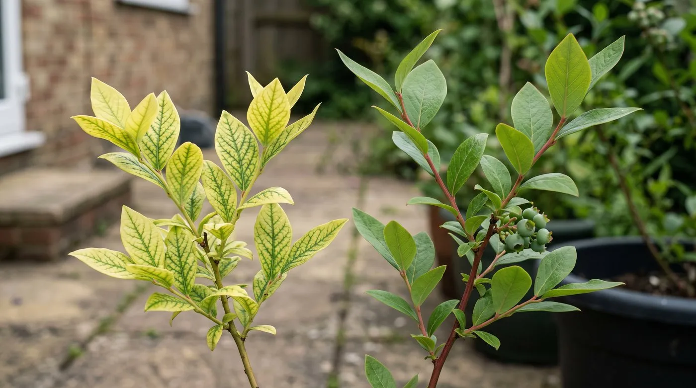 Blueberry leaves yellow between green veins next to healthy green blueberry leaves for comparison