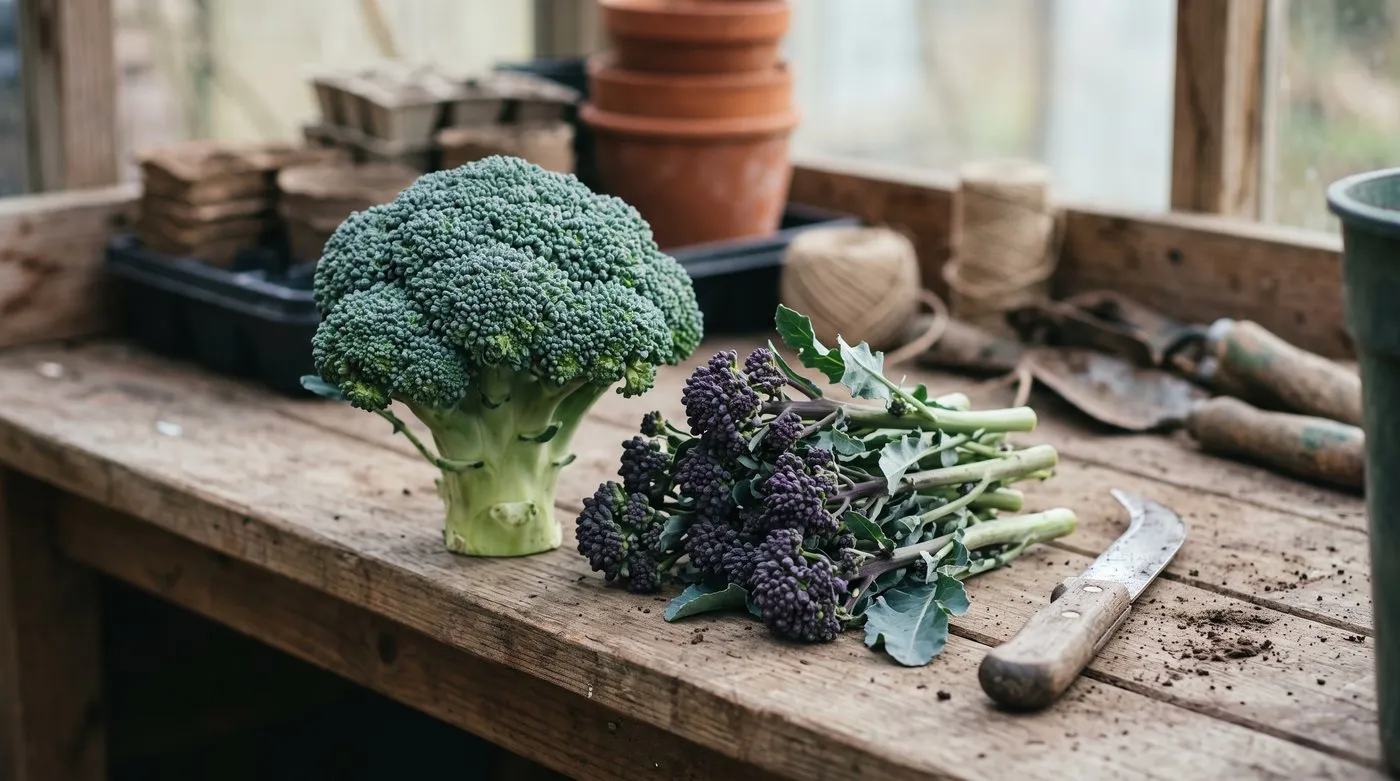 A large green calabrese head next to a bunch of slim purple sprouting broccoli spears on a bench