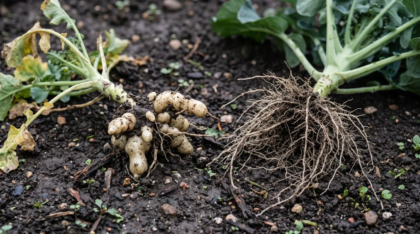 Broccoli roots swollen into knobbly clubs from clubroot beside the healthy roots of another plant