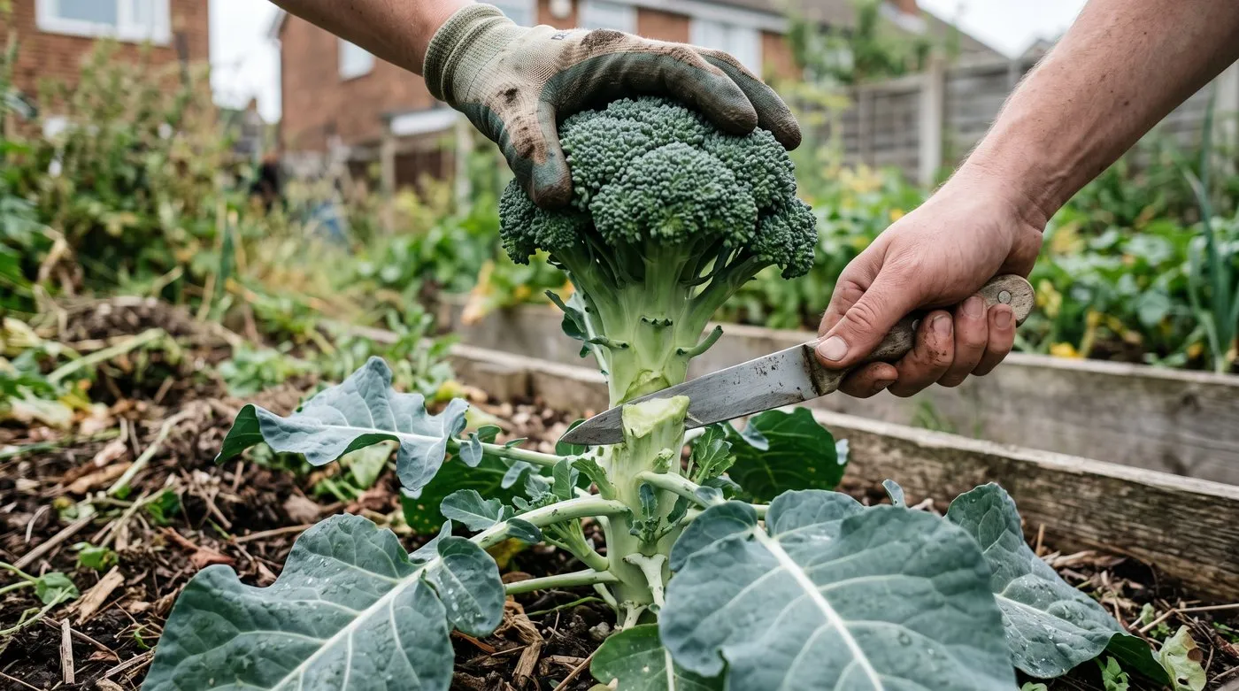 Knife cutting a tight calabrese head from its stem, with side shoots forming lower down