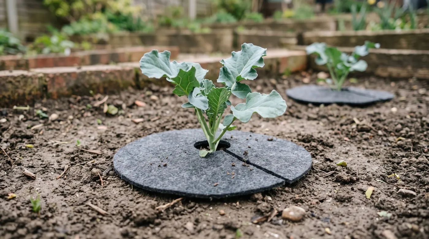 Felt brassica collar fitted flat around the stem of a young broccoli plant