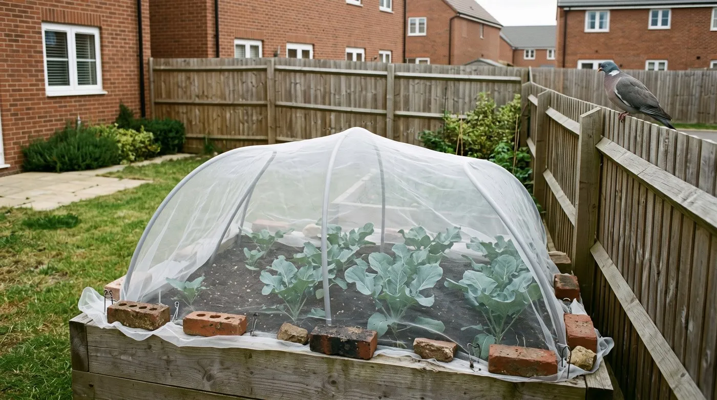 Young broccoli plants under fine mesh netting held up on hoops in a raised bed, with a pigeon on the fence