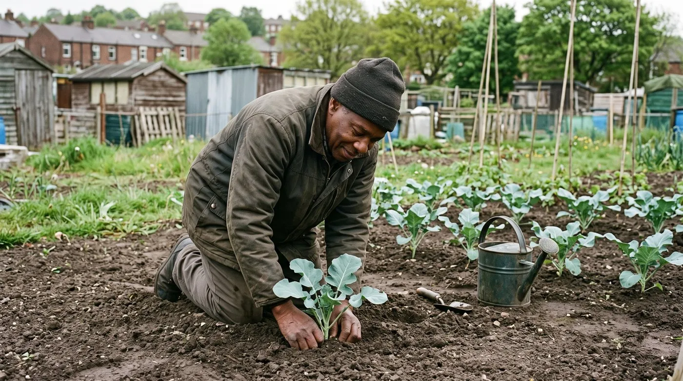 Older man firming soil with his knuckles around a young calabrese plant on an allotment