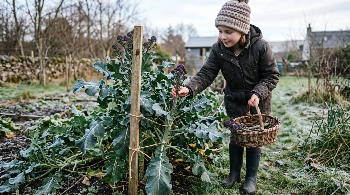 Girl picking purple sprouting broccoli spears from a tall plant into a basket in early spring