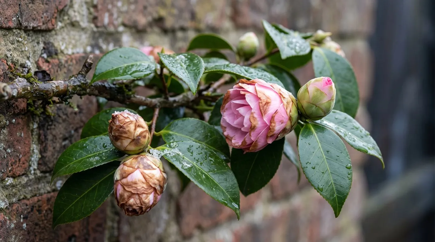 Camellia buds browned by a fast thaw after frost next to a healthy bud on a glossy-leaved branch