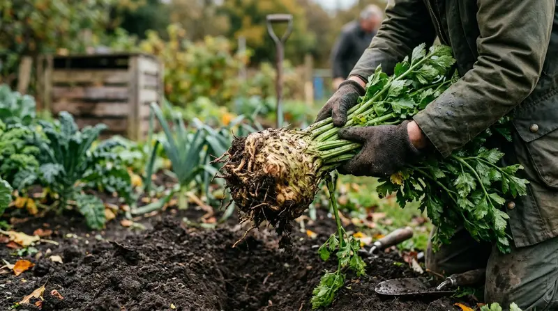Knobbly celeriac root being lifted from dark allotment soil
