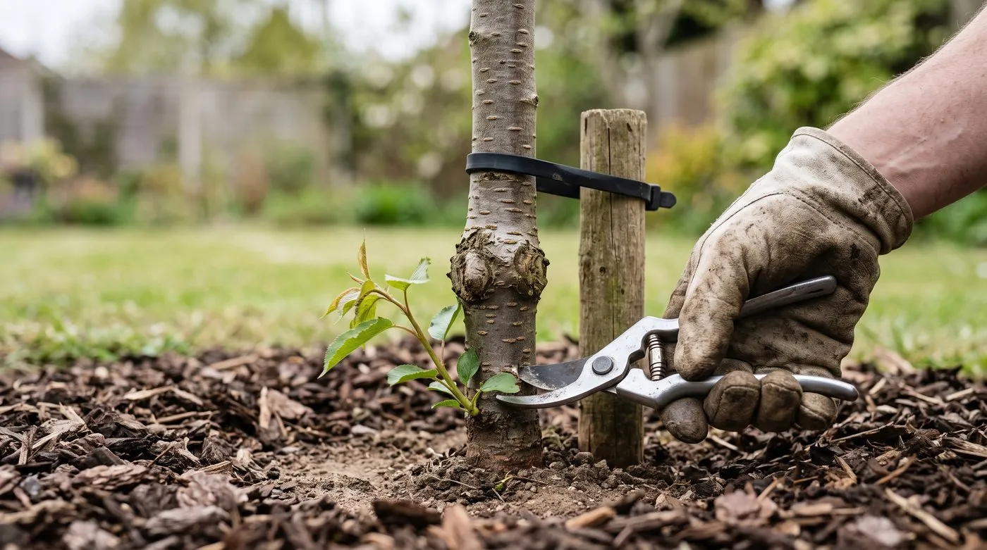 Secateurs removing a sucker from below the graft of a young cherry tree with a loose stake tie