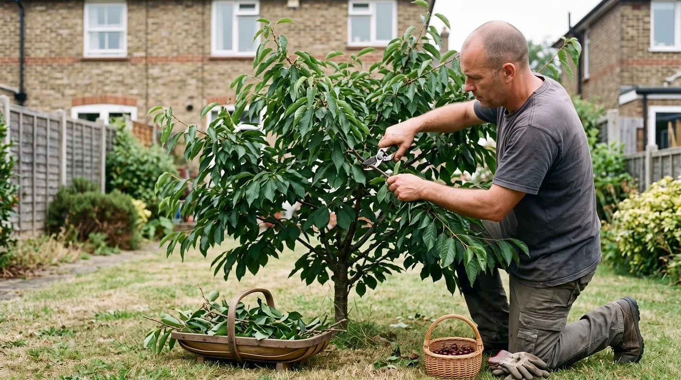 Man pruning a crossing branch on a small cherry tree with secateurs on a dry summer day