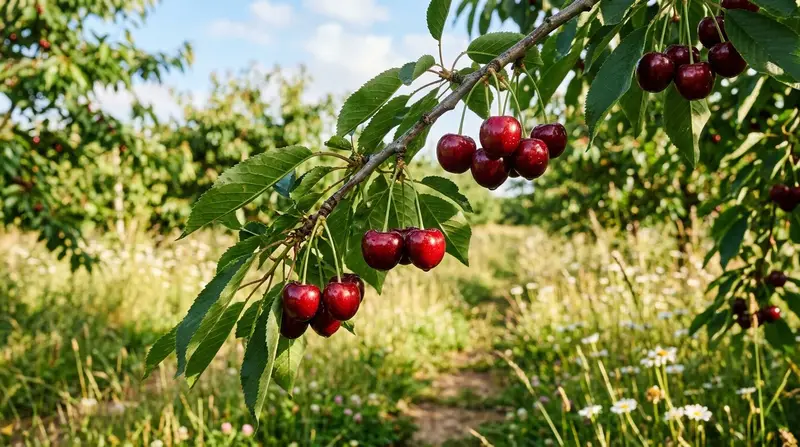 Ripe dark red sweet cherries hanging on a branch in a Kent orchard