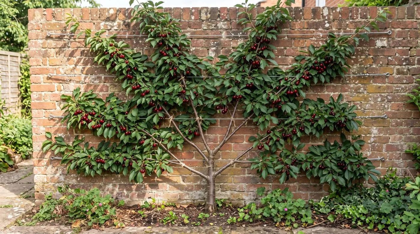 An acid cherry trained as a fan against a garden wall