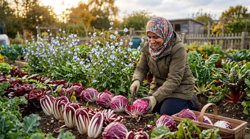 Chicory and radicchio growing in a UK kitchen garden with red variegated radicchio heads being harvested
