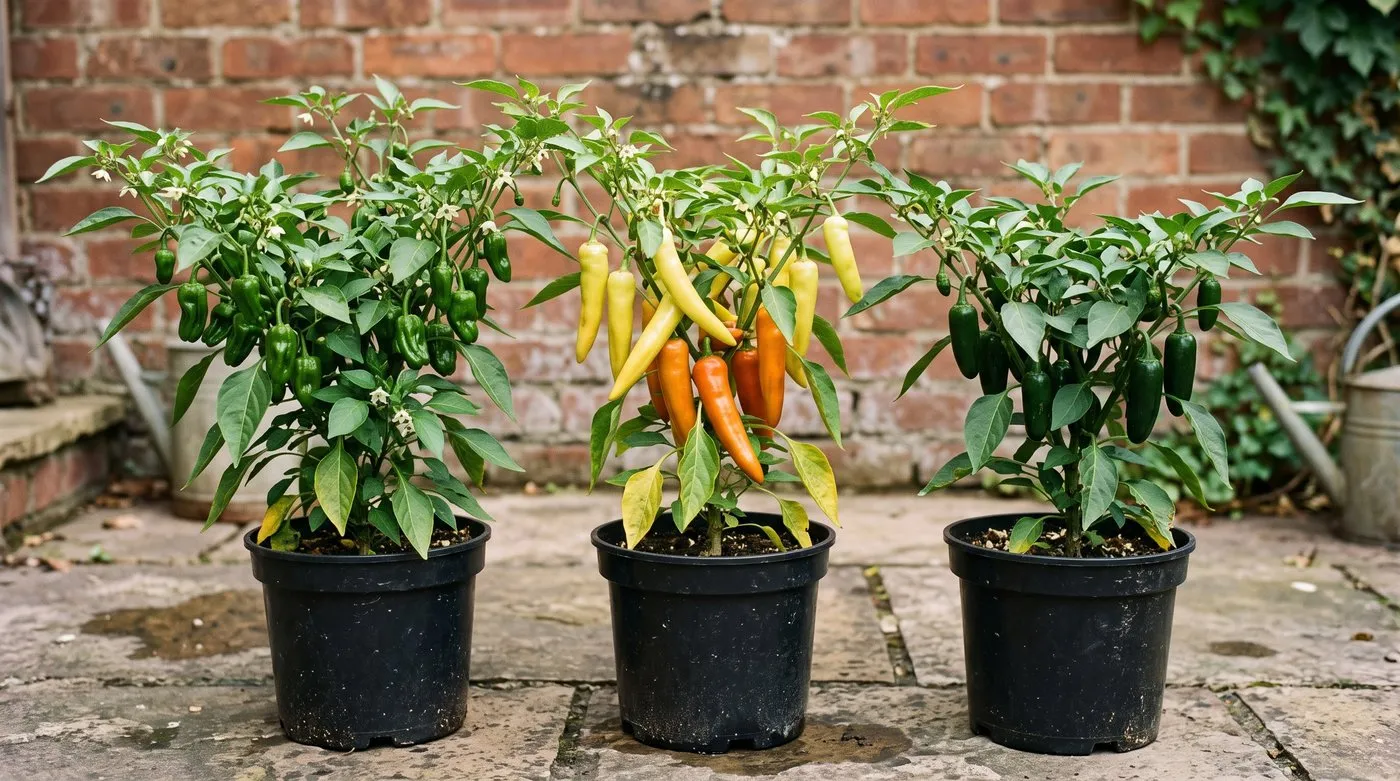 Chilli plants in black pots against a sunny brick wall, carrying green and yellow fruits