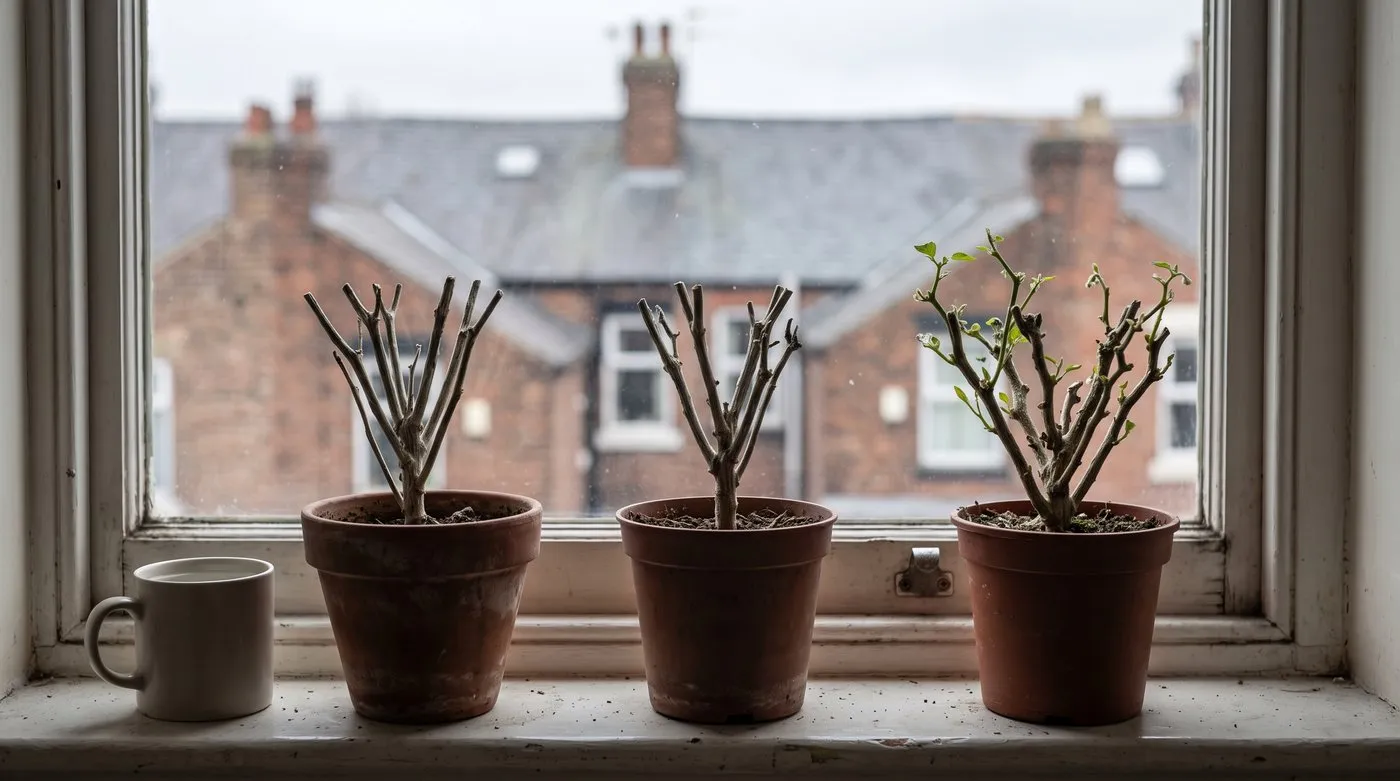 Chilli plants cut back to short bare stems for winter on a windowsill, one sprouting new shoots