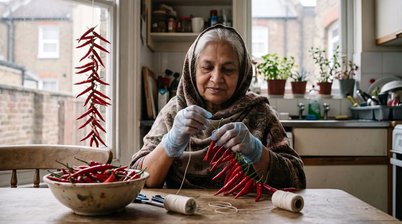 Grandmother in gloves threading red cayenne chillies onto string to dry by a kitchen window