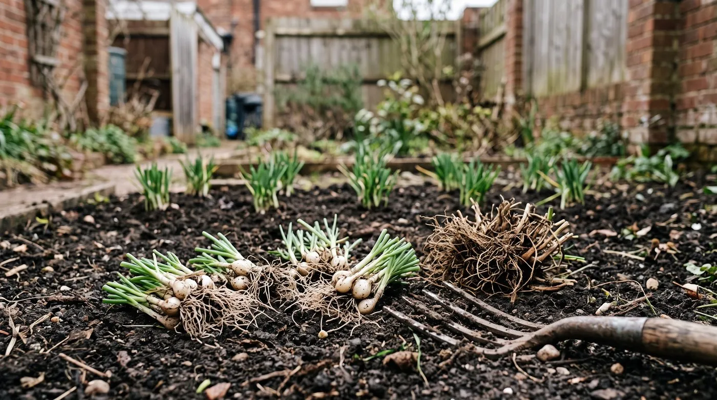 Old chive clump split into small chunks of bulbs, with the woody middle set aside and pieces replanted