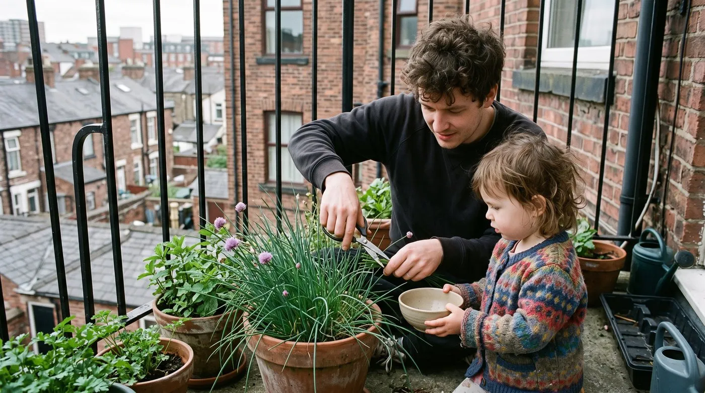 Father snipping chives from a pot with scissors on a balcony while his toddler holds a bowl