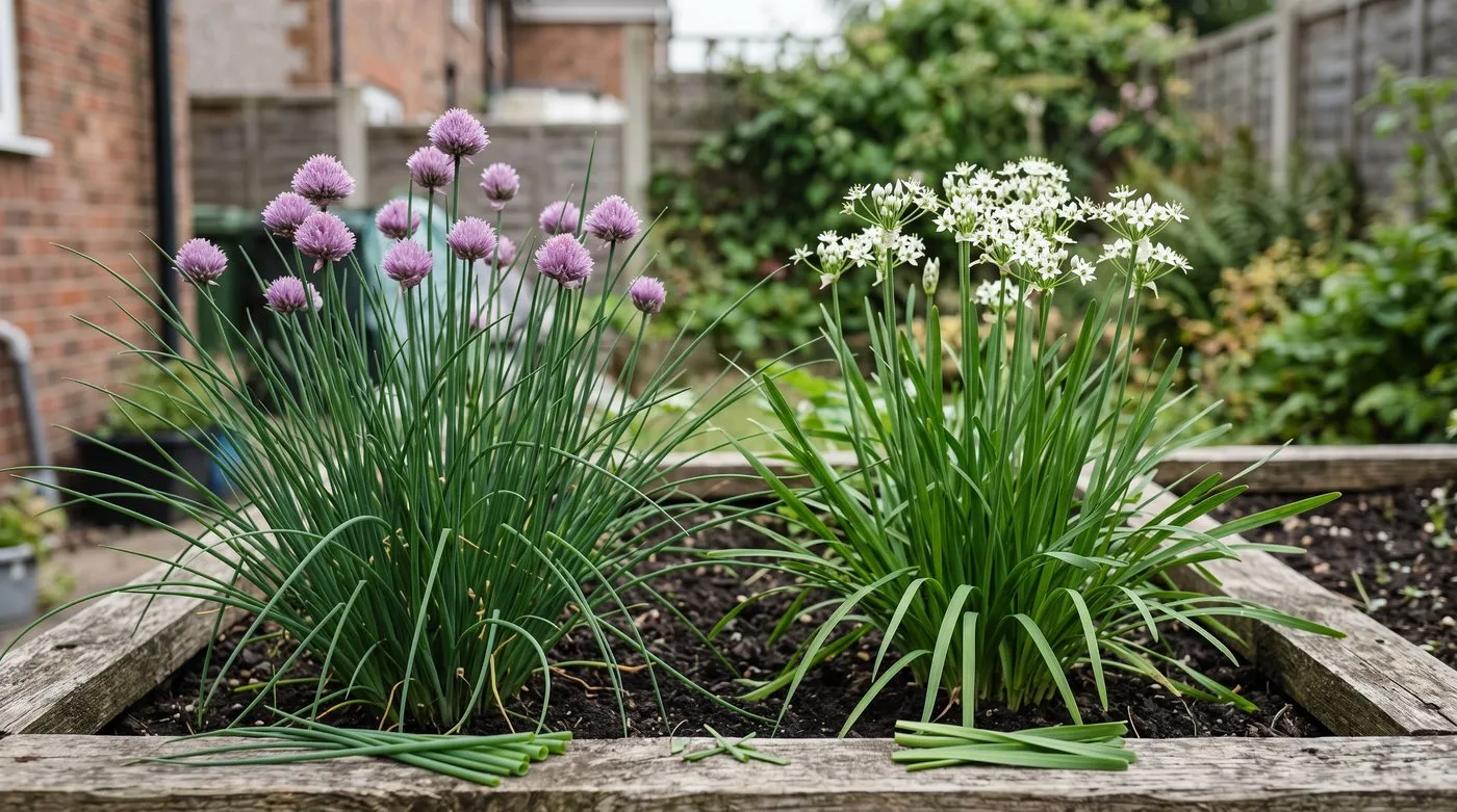 Common chives with round leaves and purple pompoms beside garlic chives with flat leaves and white flowers