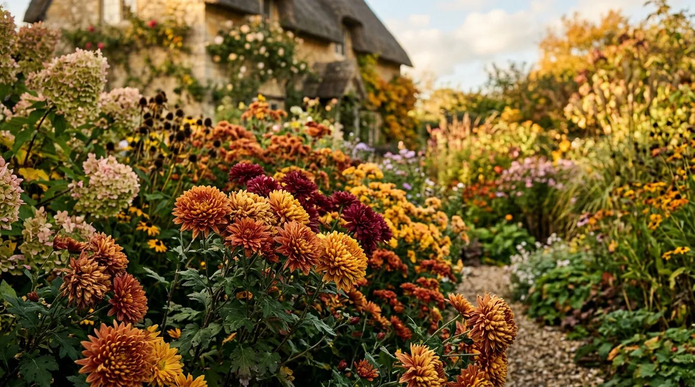 Hardy chrysanthemums in pink and bronze flowering in an autumn UK garden border