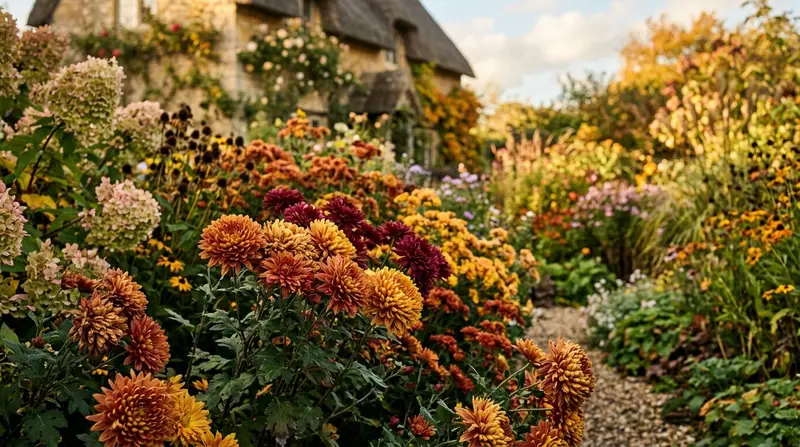 Hardy chrysanthemums in pink and bronze flowering in an autumn UK garden border