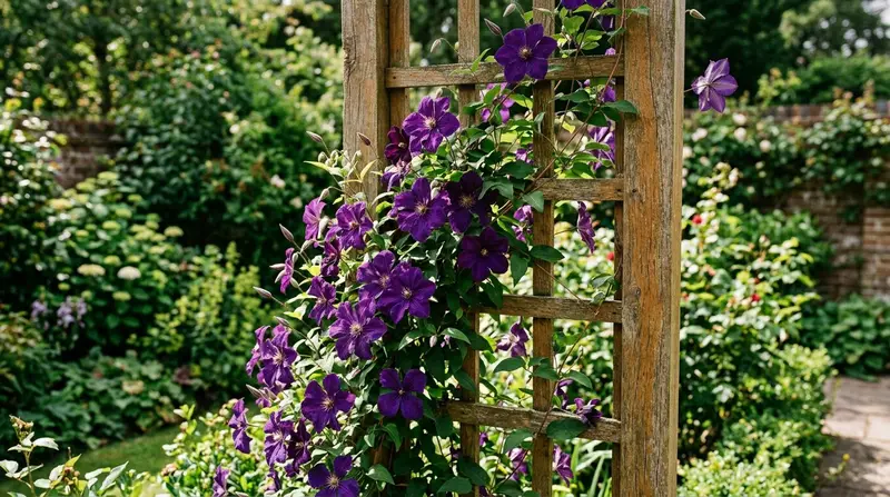 Purple clematis in full flower climbing a wooden trellis in a sunny UK garden