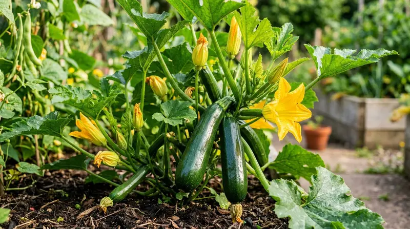 Green courgettes growing on the plant with yellow flowers in a sunny vegetable garden