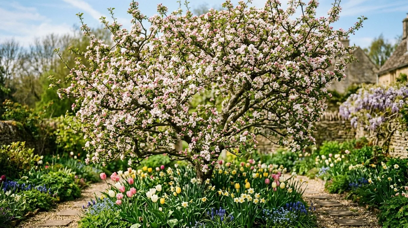 Crab apple tree in full spring blossom with pink and white flowers in a UK garden