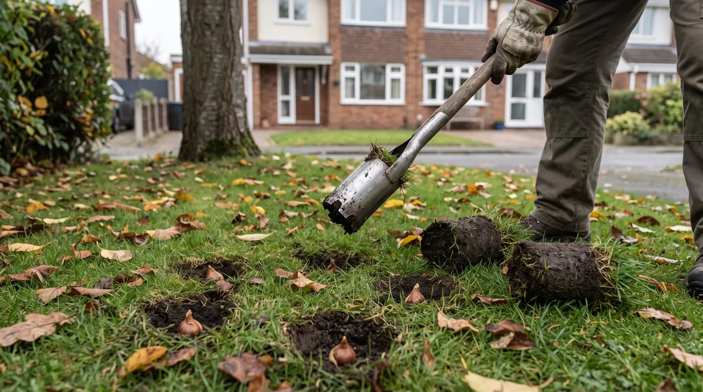 Bulb planter lifting turf plugs in a lawn with crocus corms placed in the holes