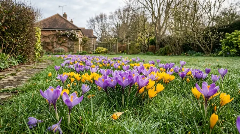 Purple and yellow crocus flowers growing through grass in a UK garden in early spring