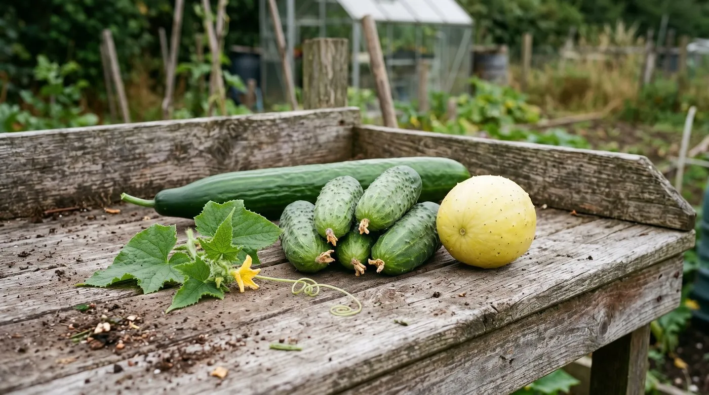 Long smooth greenhouse cucumber beside shorter rough-skinned ridge cucumbers and a round yellow one
