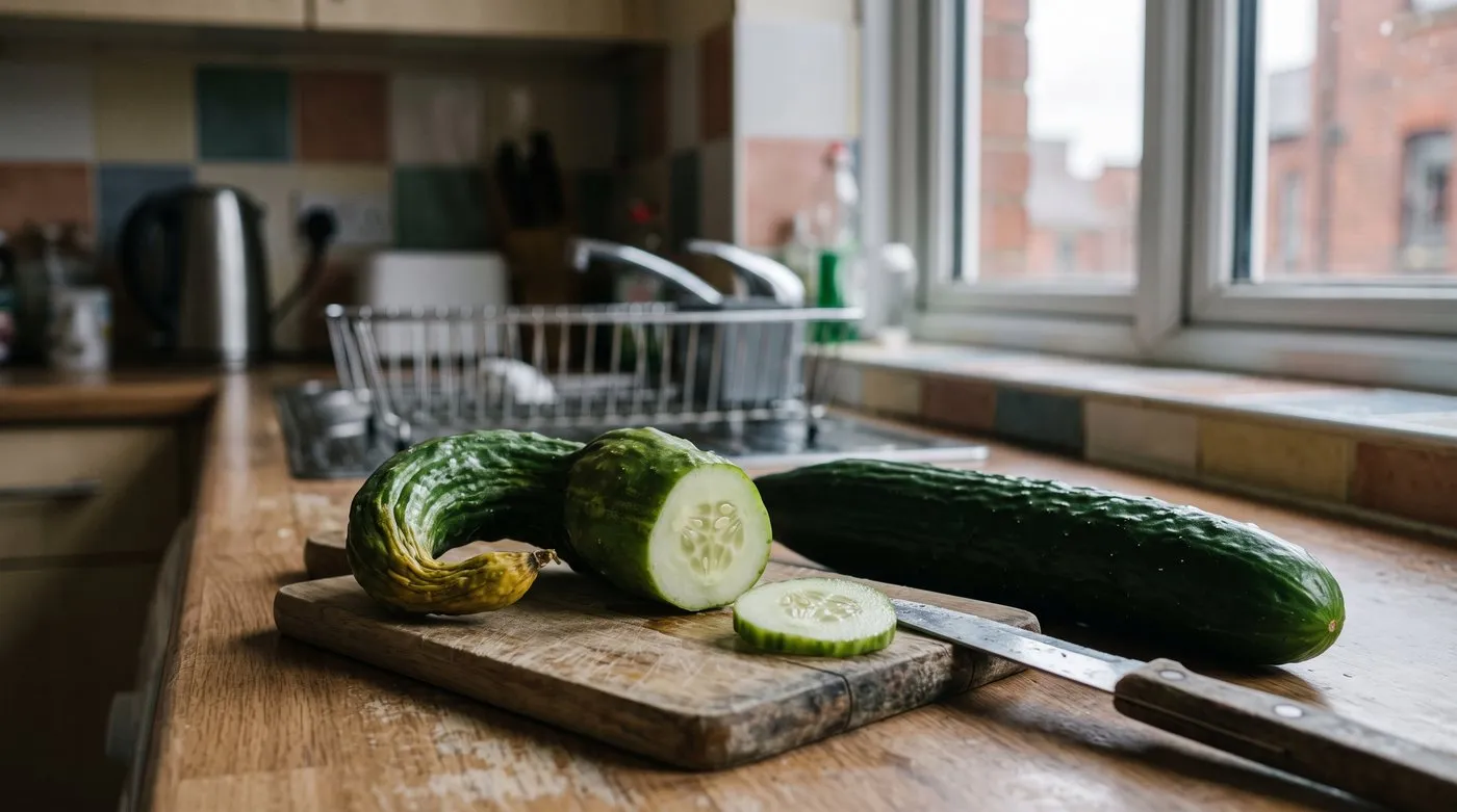 Curled, misshapen cucumber with a yellowing end beside a straight, glossy, evenly shaped cucumber