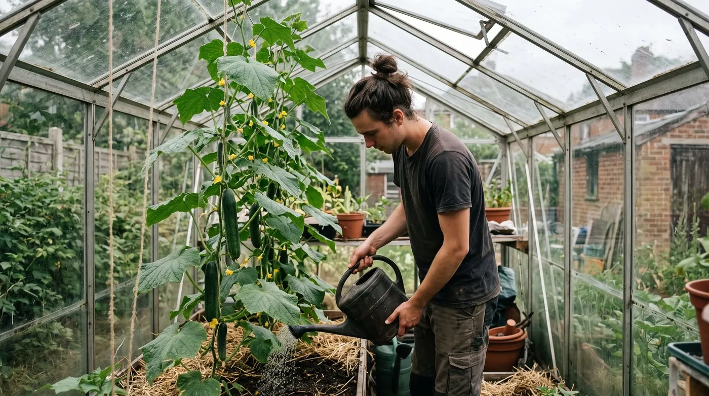 Young man watering a string-trained greenhouse cucumber at the base, with fruits hanging