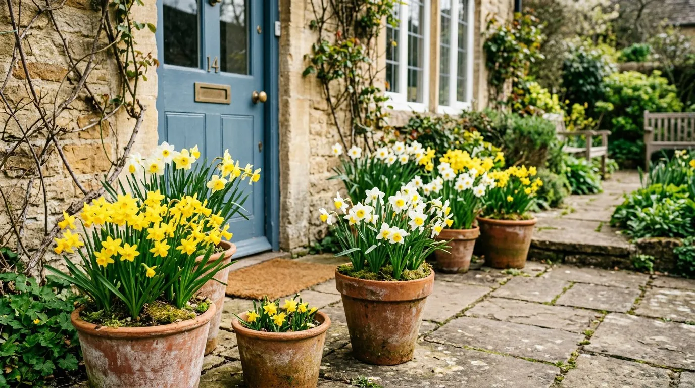 Daffodils growing in terracotta pots on a patio with a mix of yellow and white varieties