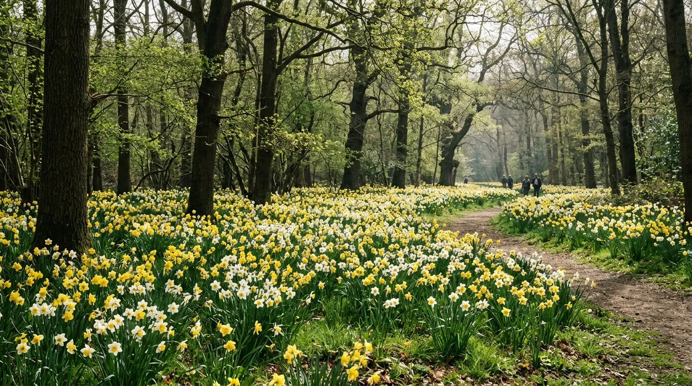 Daffodils naturalised in grass beneath deciduous trees in dappled spring sunlight