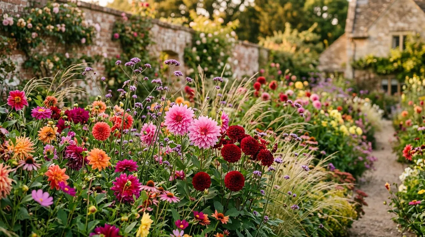 Mixed dahlias flowering in a sunny cottage garden border