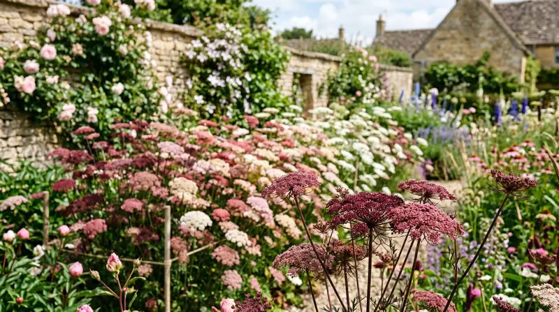 Mass of Daucus carota Dara chocolate lace flowers in burgundy, pink and white in a UK cottage cut-flower bed