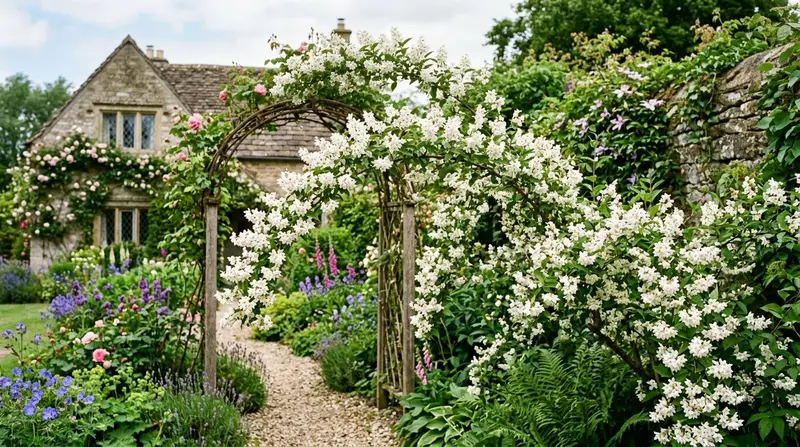 White deutzia flowers in clusters on arching branches in a UK garden