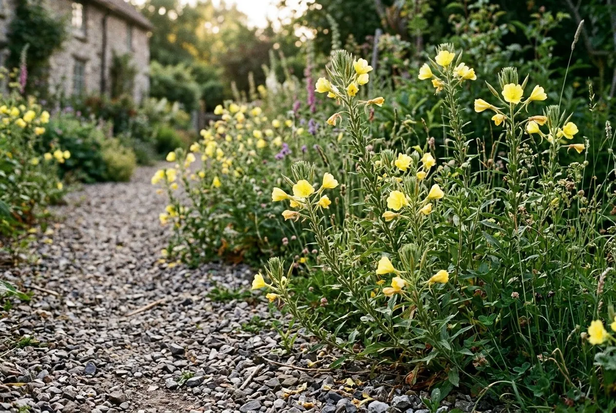 Evening primrose growing in a gravel garden alongside lavender and ornamental grasses in the UK