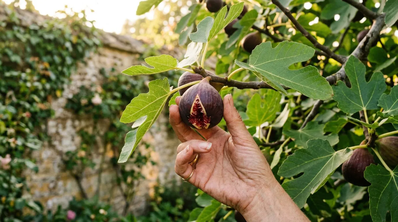 Ripe fig splitting at the base showing red flesh inside
