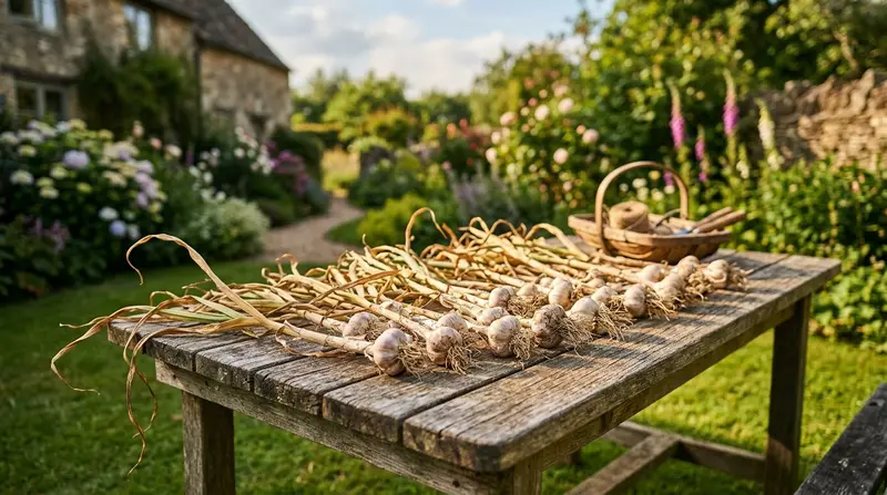 Garlic bulbs drying on a wooden table in an English garden