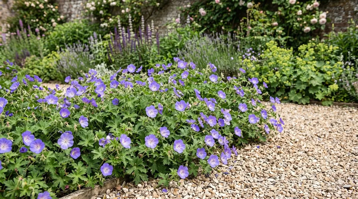 Hardy geranium Rozanne spilling over a garden path in a sunny UK cottage border