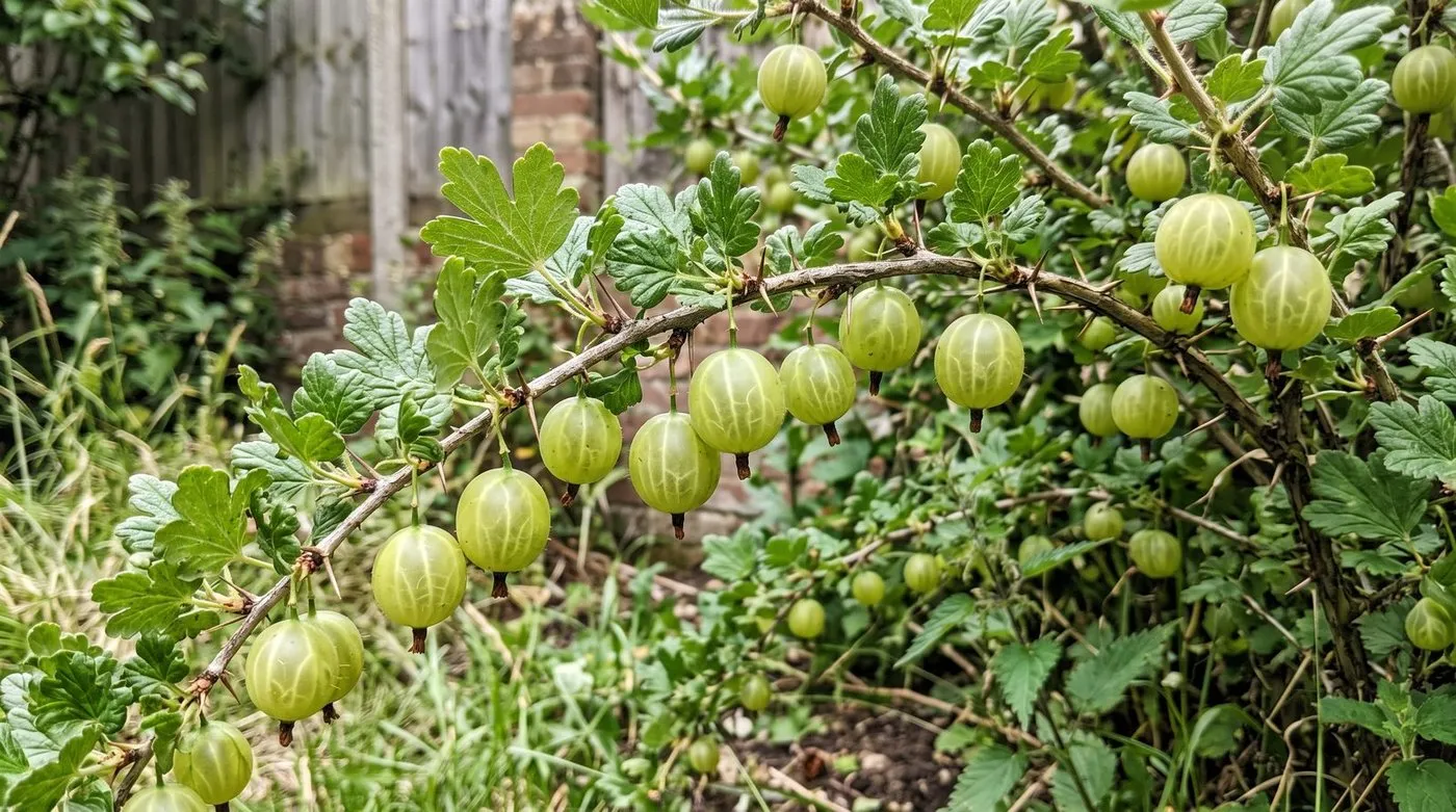 Mature gooseberry bush with translucent green berries in a cottage garden