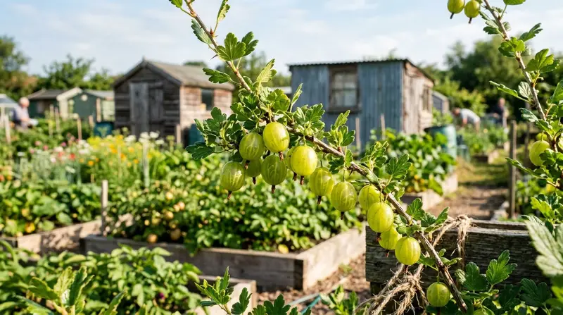 Ripe green gooseberries on a bush in a traditional English allotment