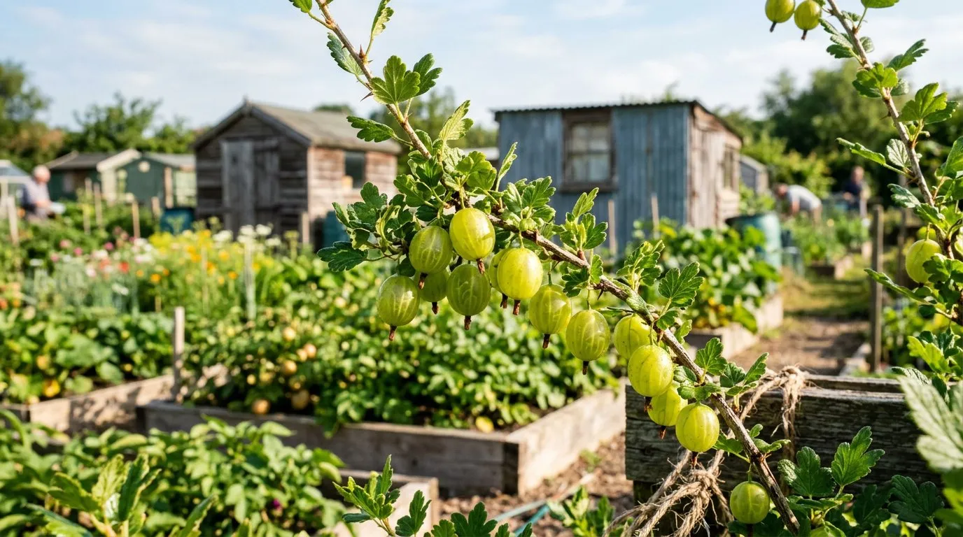 Ripe green gooseberries on a bush in a traditional English allotment