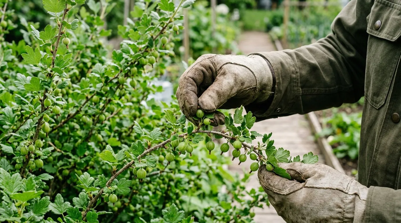 Hands thinning gooseberries from a bush in May