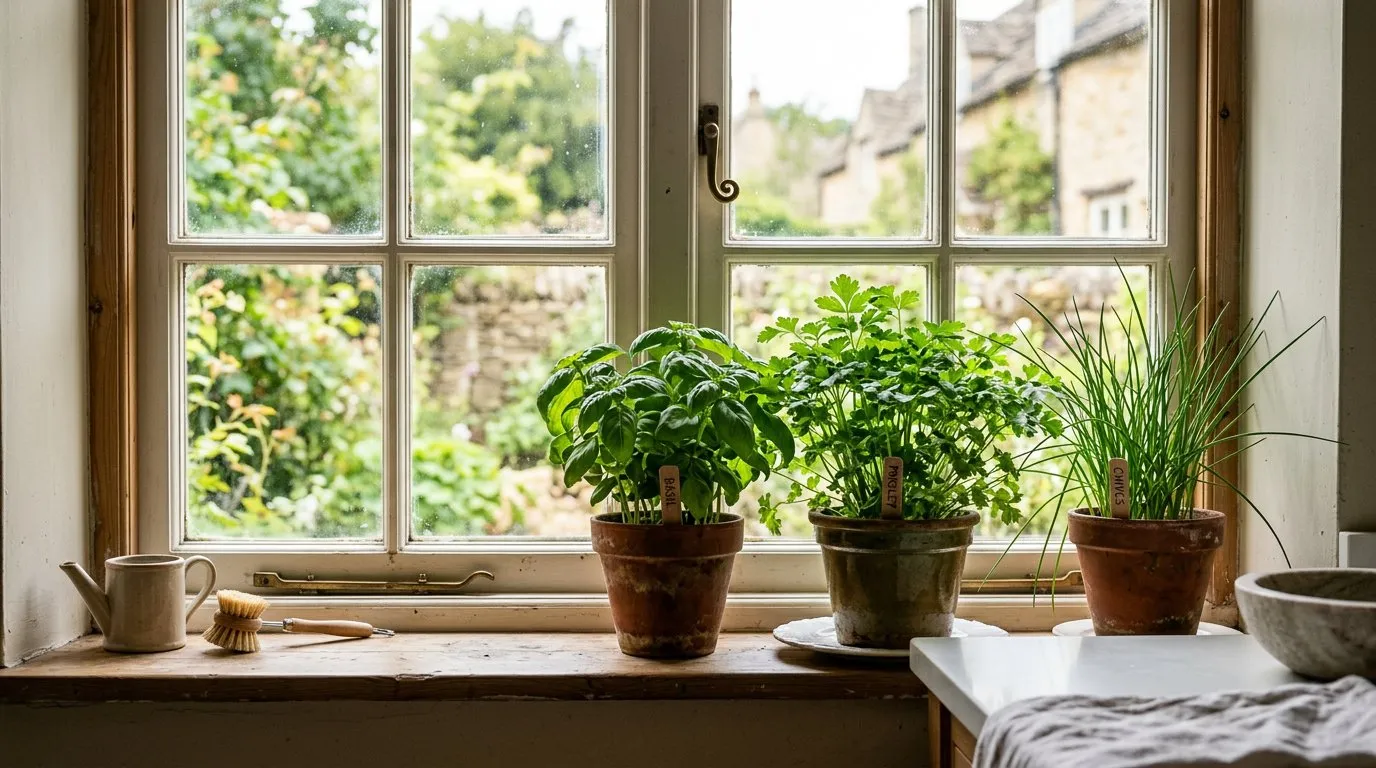 Herbs growing on a bright UK kitchen windowsill with pots of basil, parsley, and chives in natural light