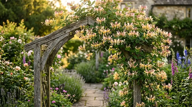 Honeysuckle in full bloom climbing a rustic wooden garden arch